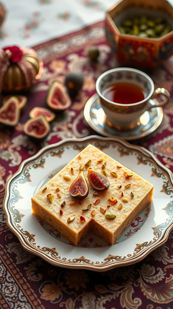 A beautifully presented slice of Pistachio and Fig Halva on an ornate plate, garnished with nuts and figs.