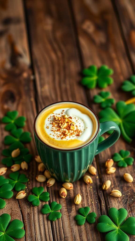 A green cup filled with a pistachio cream cappuccino topped with whipped cream and crushed pistachios, surrounded by pistachios and shamrock decorations.