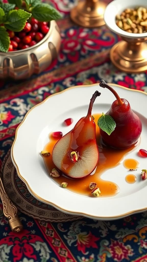 Pomegranate molasses poached pears elegantly plated with syrup and pistachios.