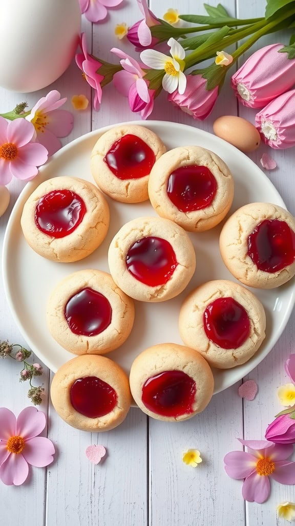 A plate of raspberry almond thumbprint cookies, decorated with flowers for a festive look.
