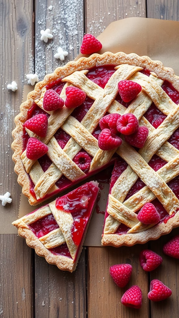 A delicious raspberry pie tart with a lattice crust and fresh raspberries on top.