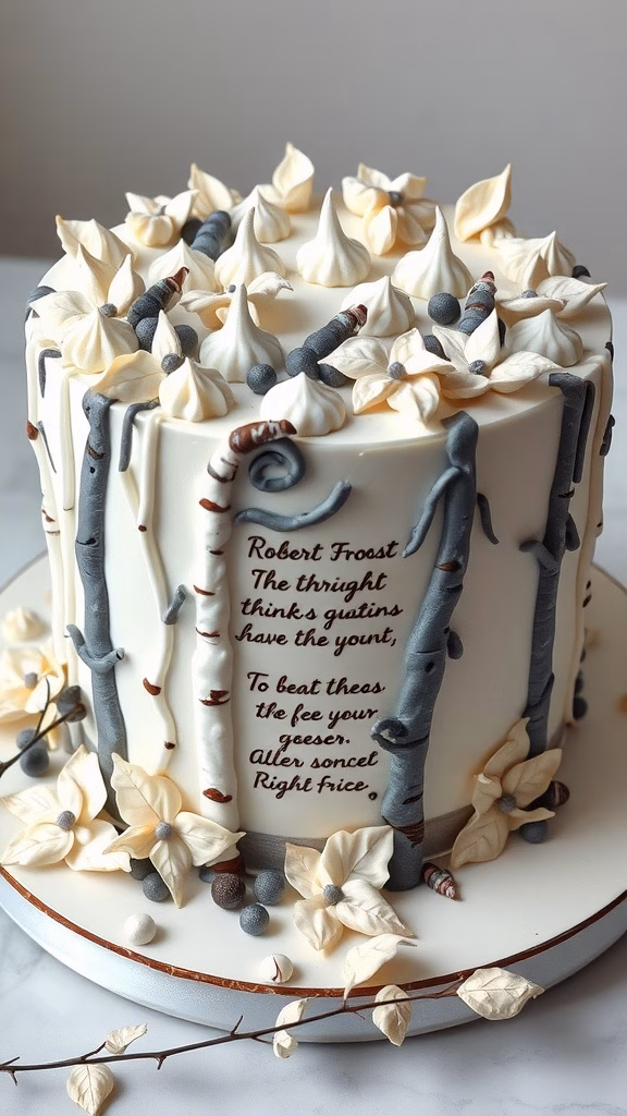 A beautifully designed cake inspired by Robert Frost's birch forest, featuring layers of vanilla and elegant decorations.