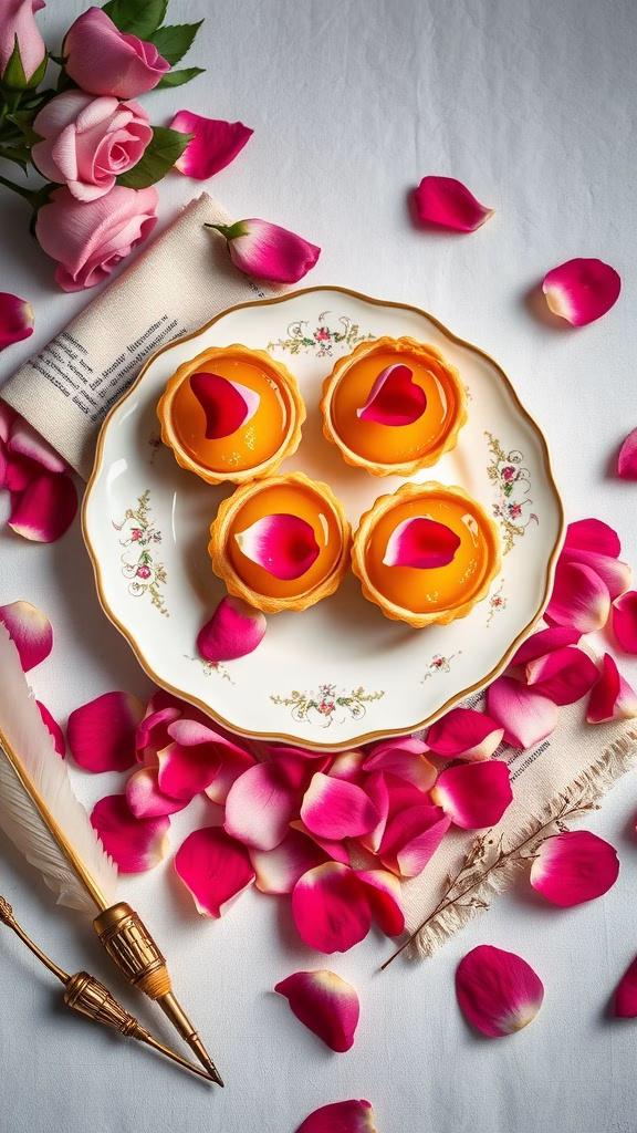 A plate of rose petal and honey tarts surrounded by petals and quills.