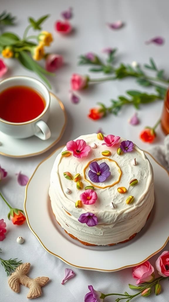 A beautifully decorated rosewater pistachio cake with edible flowers and a cup of hibiscus tea beside it.