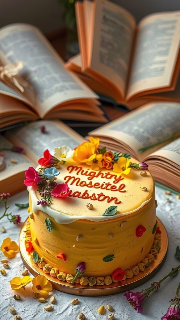 A beautifully decorated cake inspired by Persian flavors, featuring saffron and pistachio.