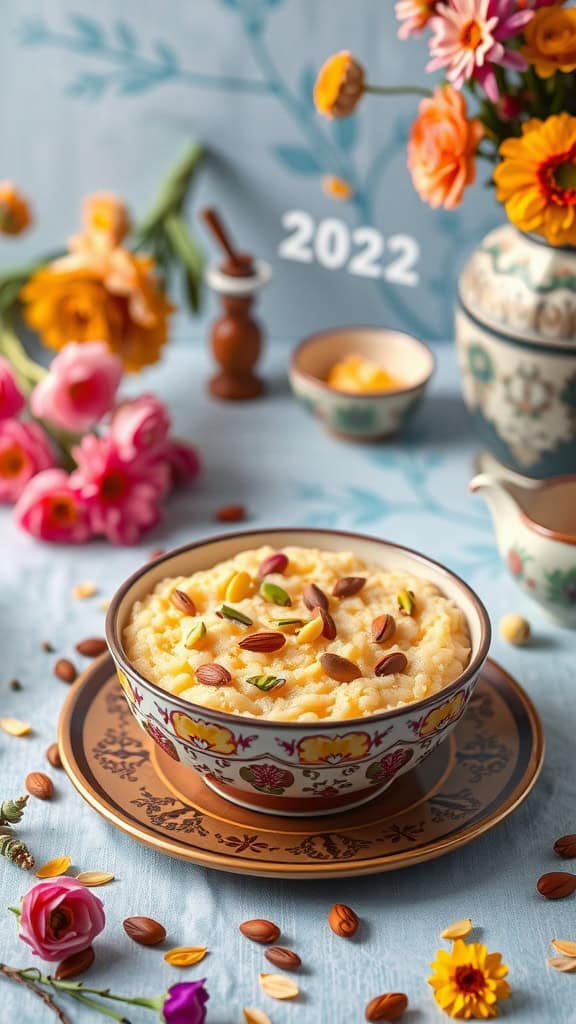 Bowl of saffron rice pudding topped with nuts