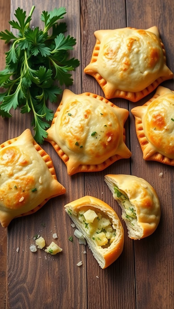 Savory cheddar herb hand pies on a wooden surface, some whole and one cut open to show the filling.