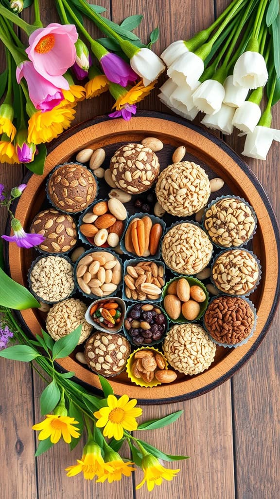 A platter of assorted seed and nut energy truffles, surrounded by colorful flowers.