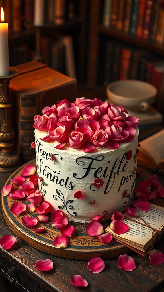 A beautifully decorated rose petal cake inspired by Shakespeare, adorned with edible rose petals and elegant writing.