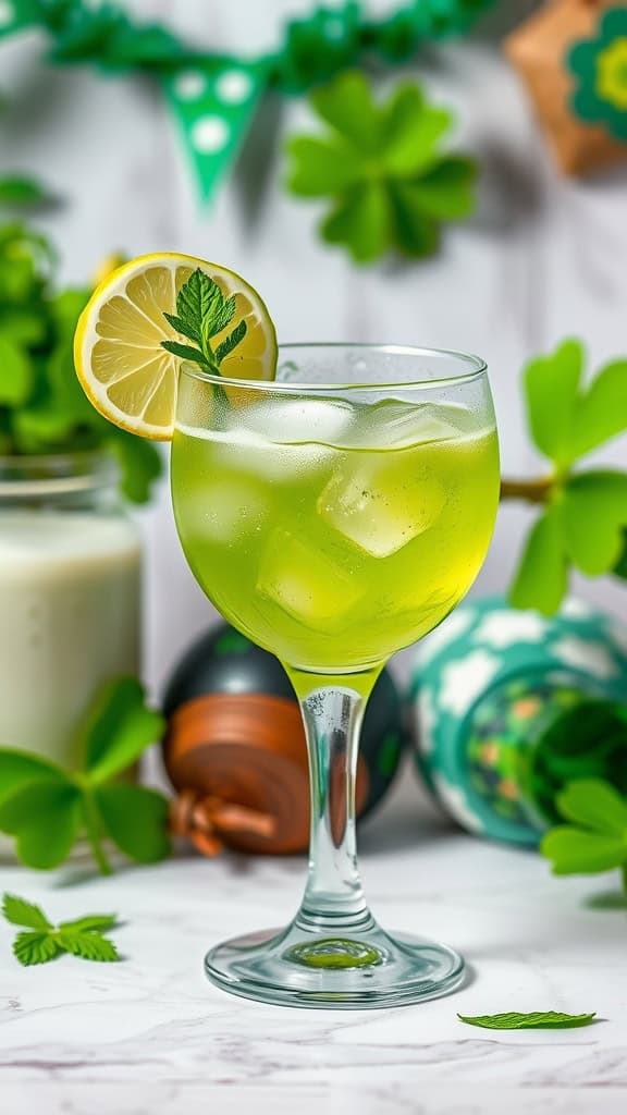 A vibrant green Shamrock Sour cocktail garnished with mint and lemon slice, perfect for St. Patrick's Day.