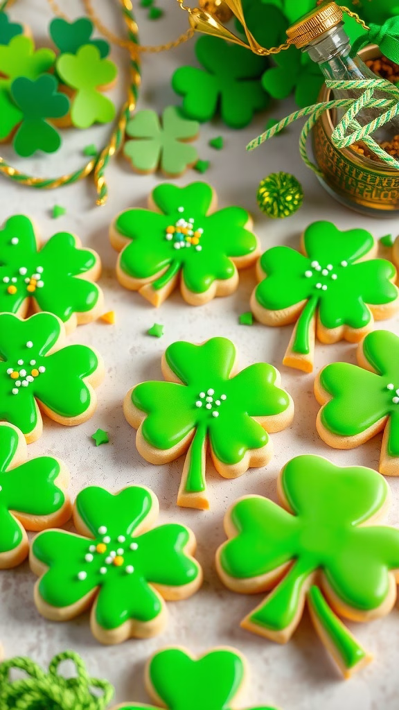 Shamrock-shaped sugar cookies decorated in green icing and sprinkles