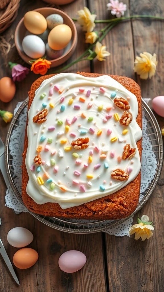 A simple carrot cake sheet cake topped with cream cheese frosting and colorful sprinkles.