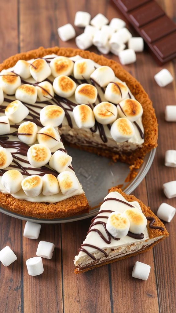 A delicious slice of S'mores Ice Cream Pie topped with toasted marshmallows and chocolate drizzle.