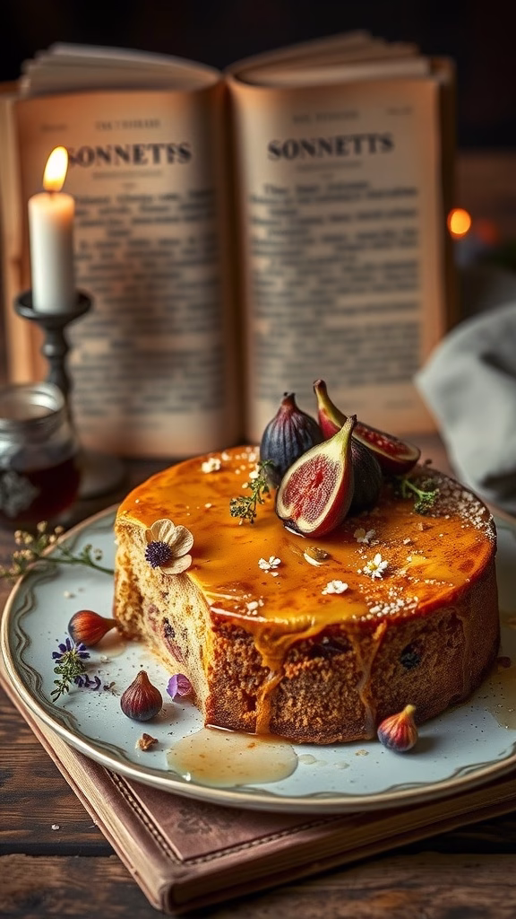 A beautifully presented spiced fig and almond cake with fresh figs on top, sitting on a plate next to a book of Shakespeare's sonnets.