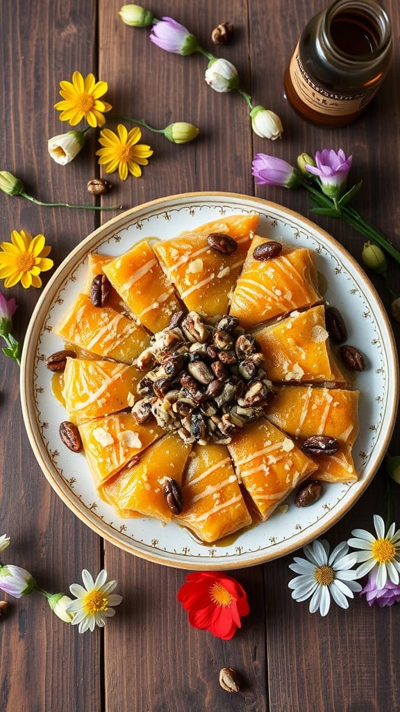 A plate of honey-free baklava decorated with edible flowers.