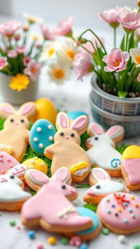 Colorful sugar cookie Easter cutouts shaped like bunnies and eggs, decorated with icing and sprinkles