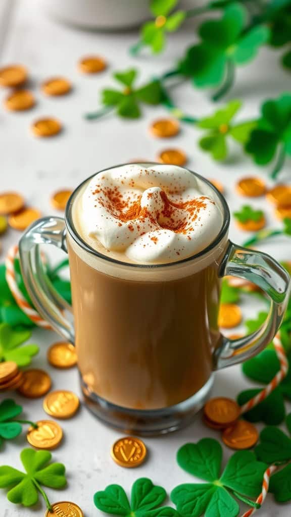 A cup of Vanilla Bean Irish Coffee topped with whipped cream and cinnamon, surrounded by festive St. Patrick's Day decorations.