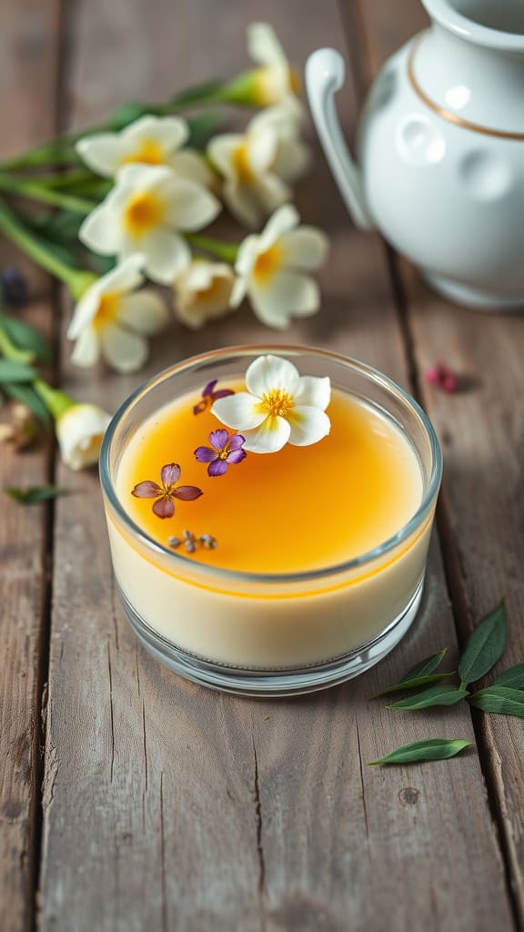 A bowl of vanilla bean panna cotta garnished with flowers, next to a teapot.