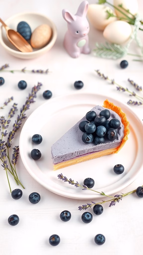 A slice of vegan blueberry lavender tart topped with fresh blueberries and lavender sprigs on a plate.