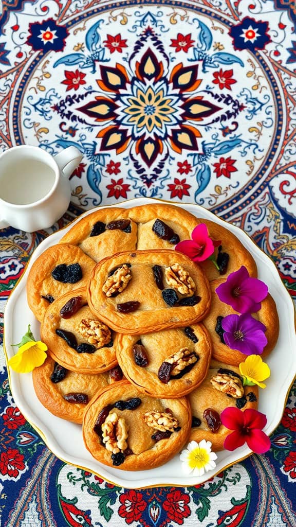 A plate of walnut and raisin sweet bread with colorful flowers