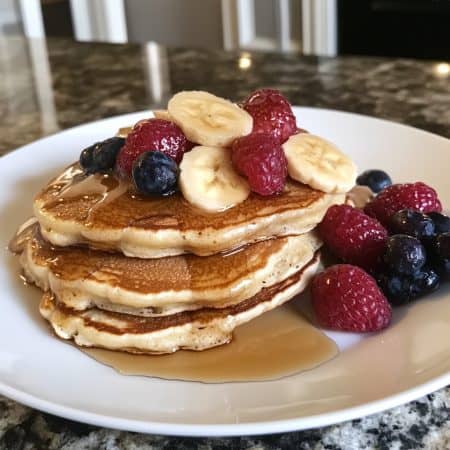 a stack of pancakes with fruit and syrup on a white plate