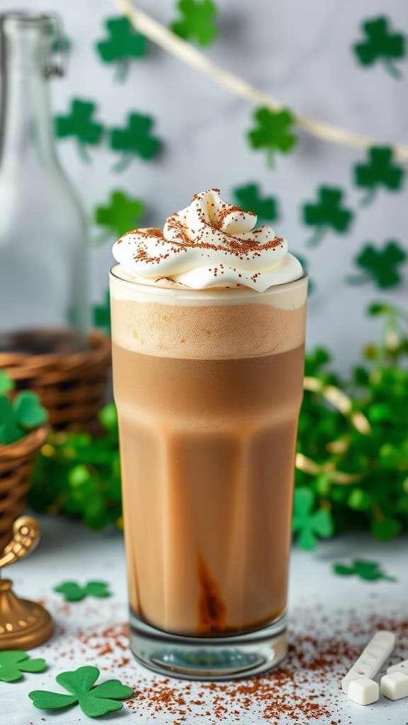 A delicious Whiskey & Cream Cold Brew Cocktail garnished with whipped cream and cocoa, perfect for St. Paddy's Day.