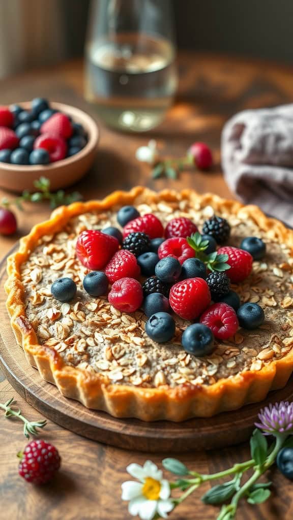 A delicious Wild Berry Oat Tart topped with fresh berries.
